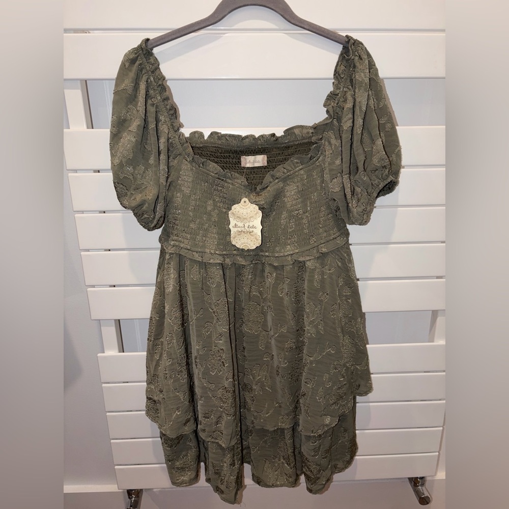 Altar'd State - Ellery Vetiver Lace Puff Short Sleeve Dress, XL